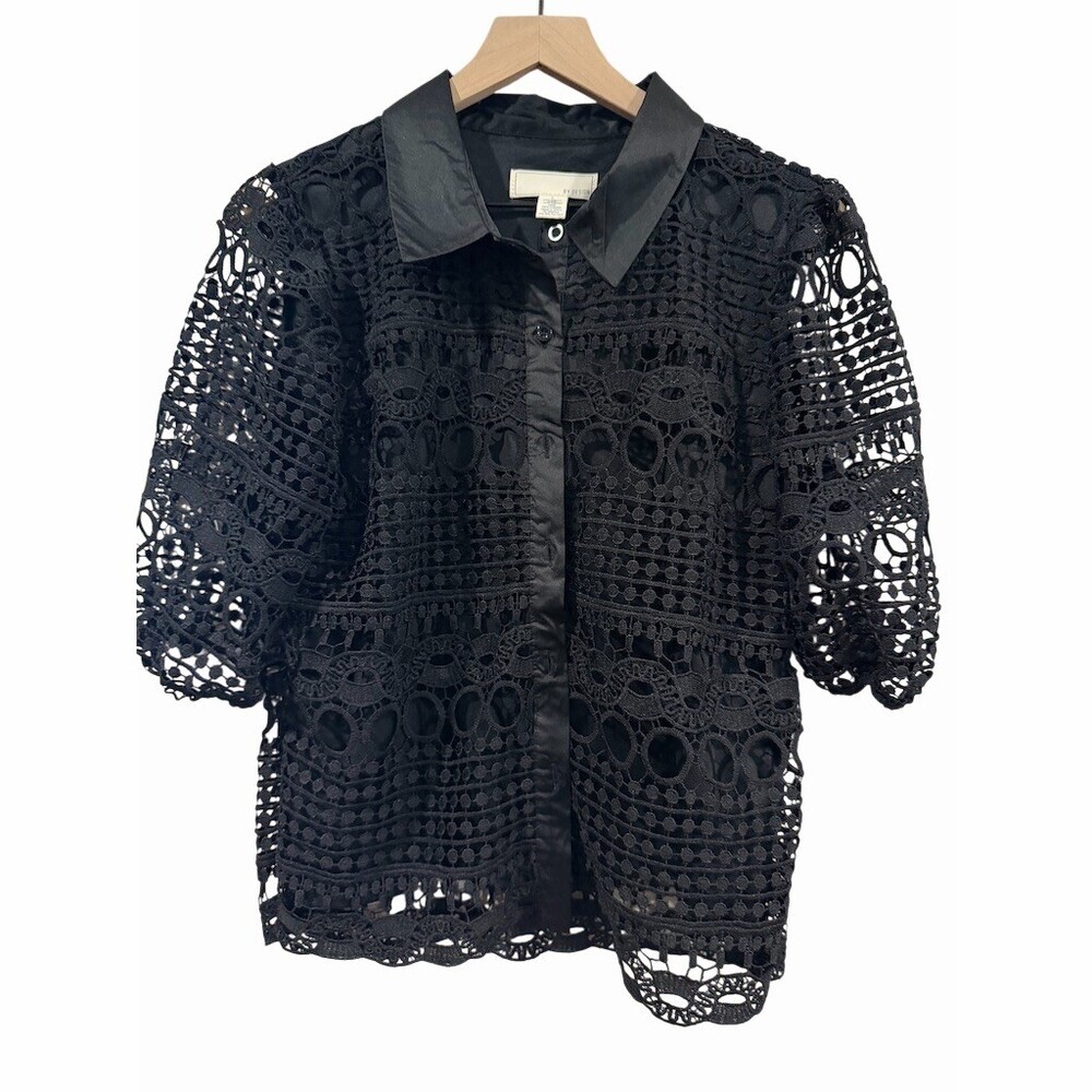 By Design Blouse Womens Size L Black Lace Crochet Button Front Collared